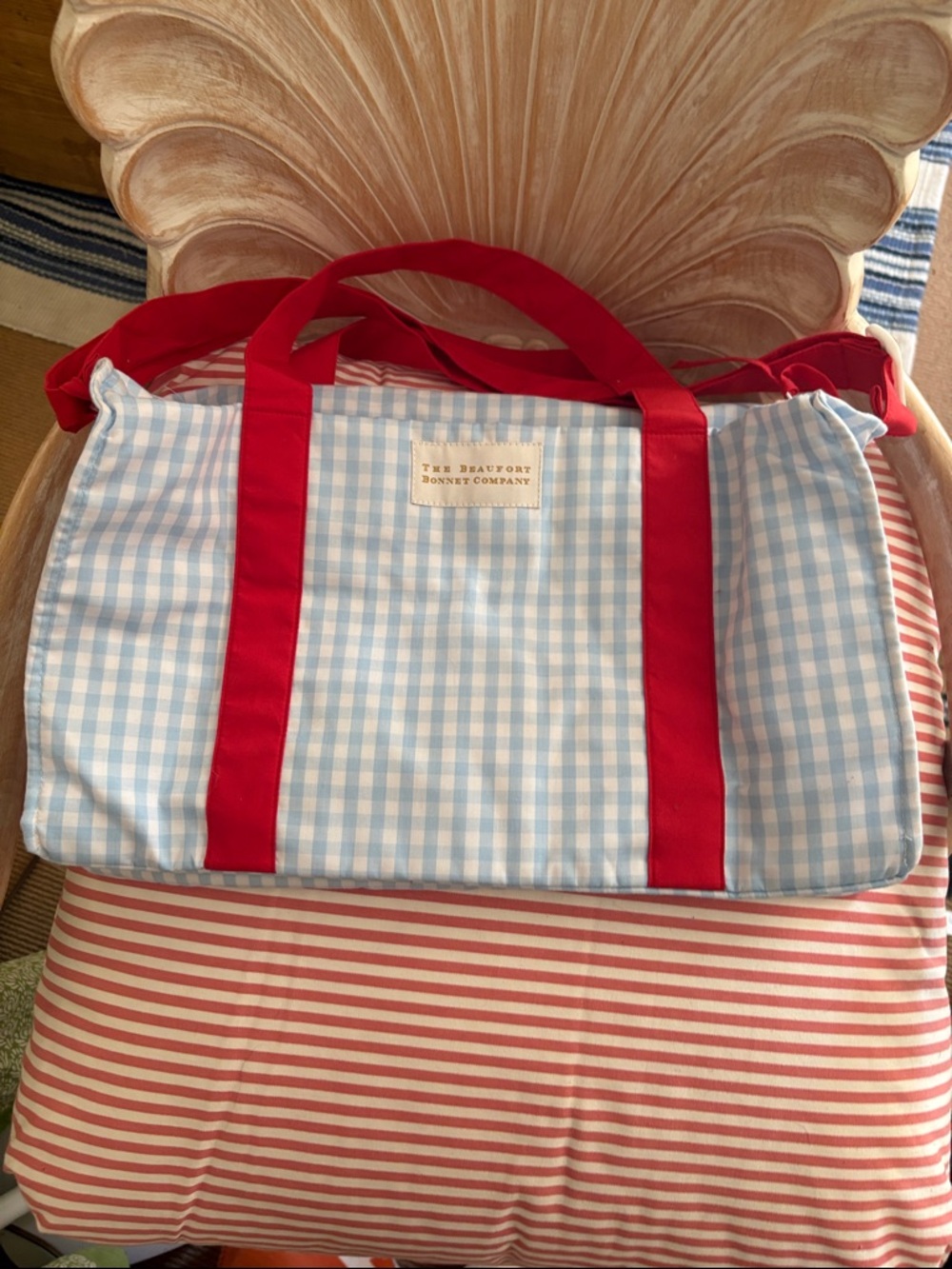 The Beaufort Bonnet Company Light Blue Gingham Tote with Red Straps